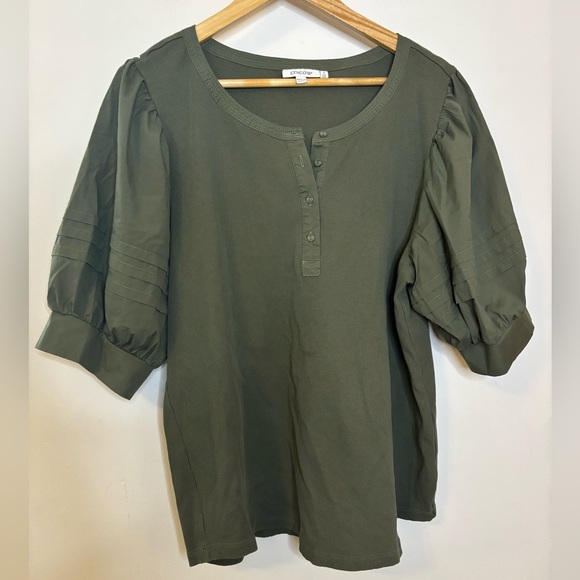 Chicos Olive Green Mixed Media Puff Sleeve Top - Picture 4 of 5